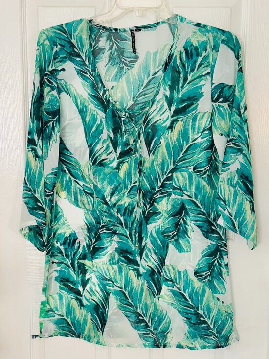 Pacific Beach Tops - Pacific Beach Cover Up or Tunic Tropical Palm Leaf Sheer Tie Front Medium